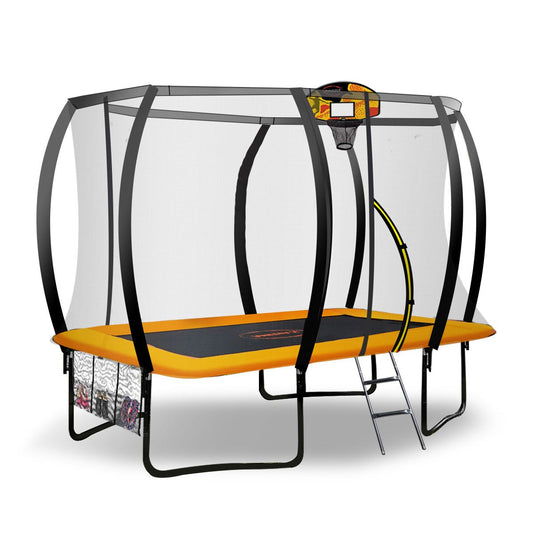 Outdoor Rectangular Orange Trampoline With Safety Enclosure And Basketball Hoop Set (Kahuna 8ft X 11ft )