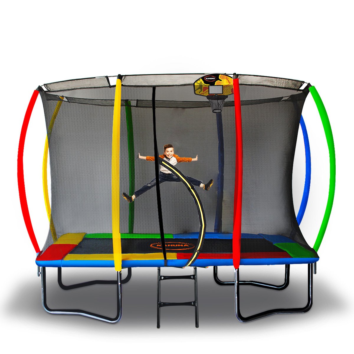 Outdoor Rectangular Rainbow Trampoline With Safety Enclosure And Basketball Hoop Set (Kahuna 8ft x 11ft)
