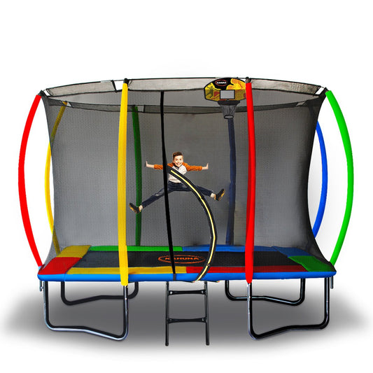 Outdoor Rectangular Rainbow Trampoline With Safety Enclosure And Basketball Hoop Set (Kahuna 8ft x 11ft)