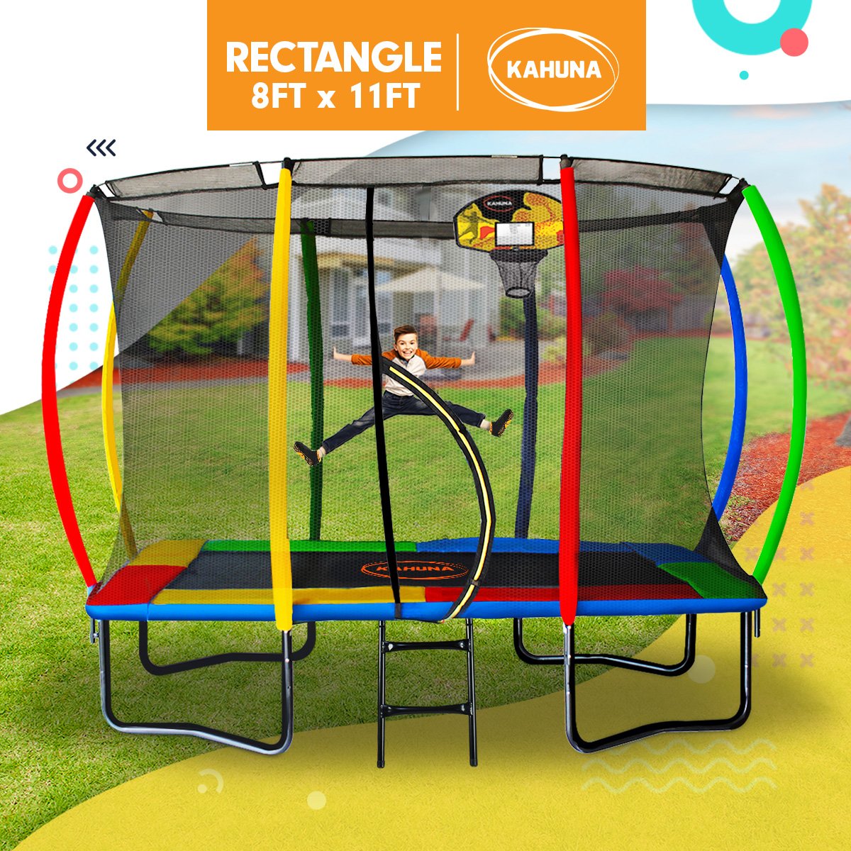 Outdoor Rectangular Rainbow Trampoline With Safety Enclosure And Basketball Hoop Set (Kahuna 8ft x 11ft)