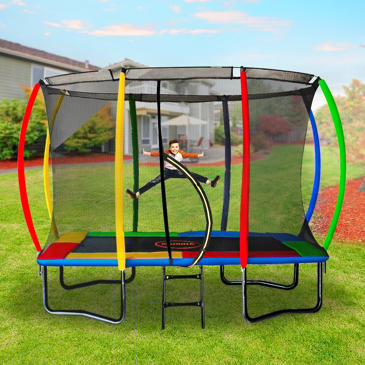Outdoor Rectangular Rainbow Trampoline With Safety Enclosure And Basketball Hoop Set (Kahuna 8ft x 11ft)
