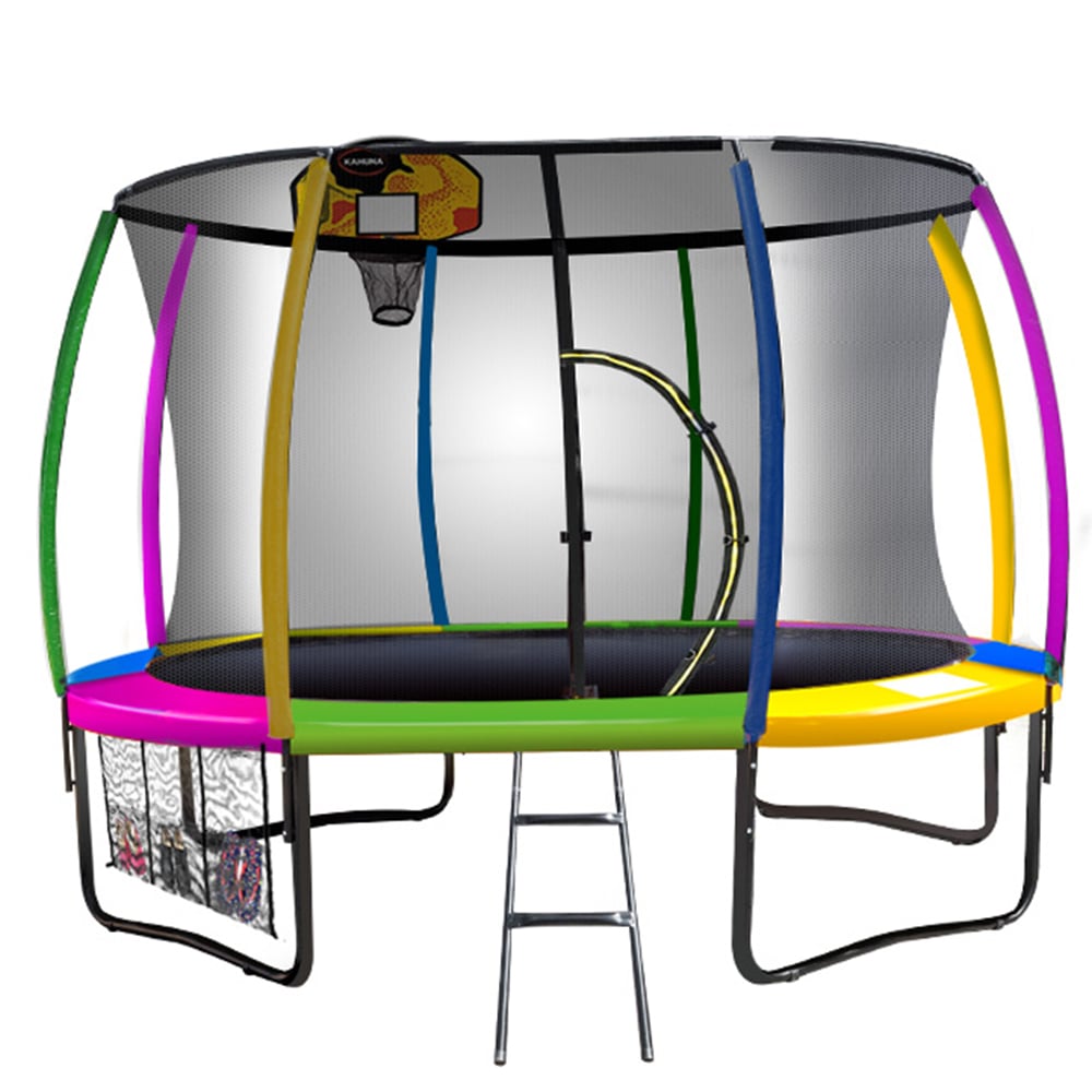 Outdoor Trampoline Kids Children With Safety Enclosure, Pad, Mat, Ladder and Basketball Hoop Set - Rainbow (Kahuna 12ft)