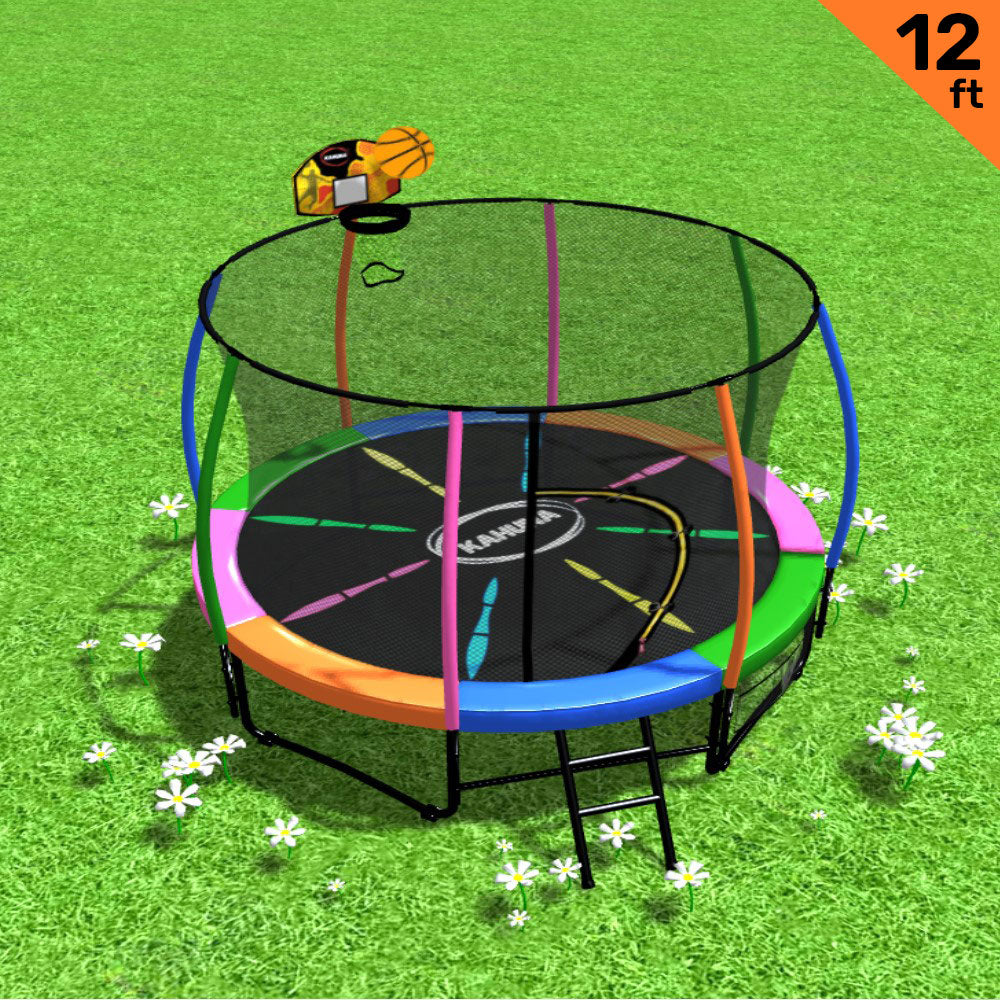 Outdoor Trampoline Kids Children With Safety Enclosure, Pad, Mat, Ladder and Basketball Hoop Set - Rainbow (Kahuna 12ft)