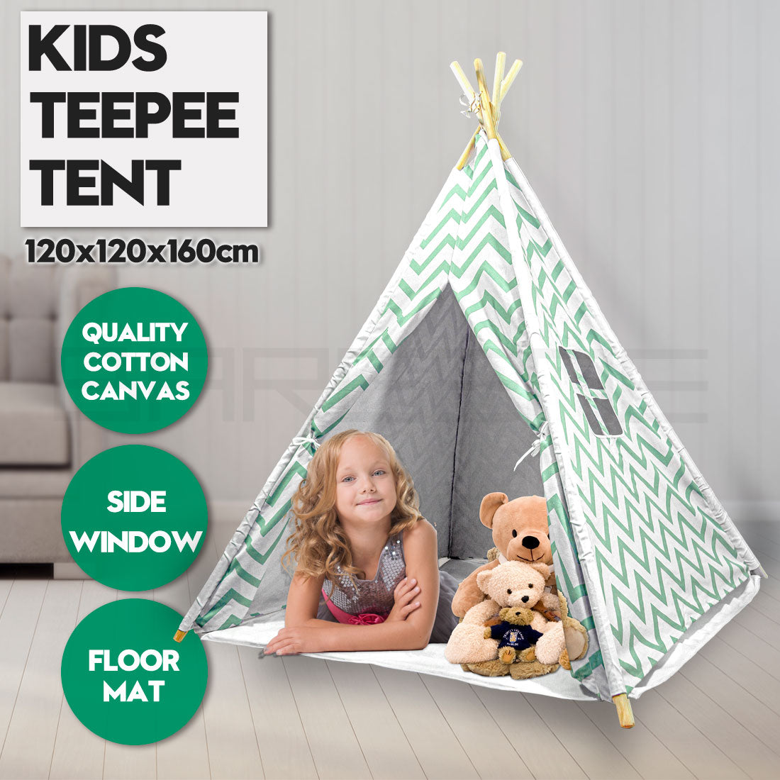 Giant Cotton Canvas Kids Teepee Wigwam - green