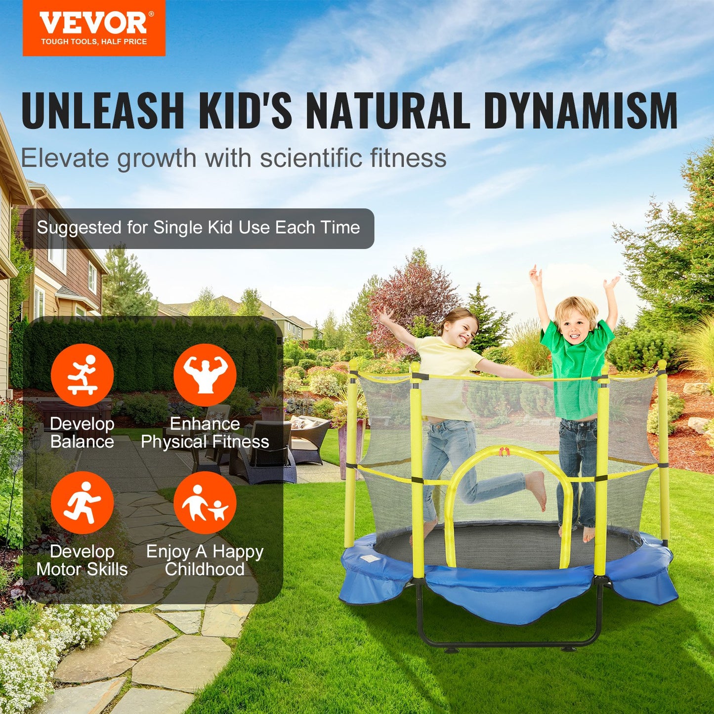 VEVOR 5FT Trampoline for Outdoor Play with Safety Enclosure Net