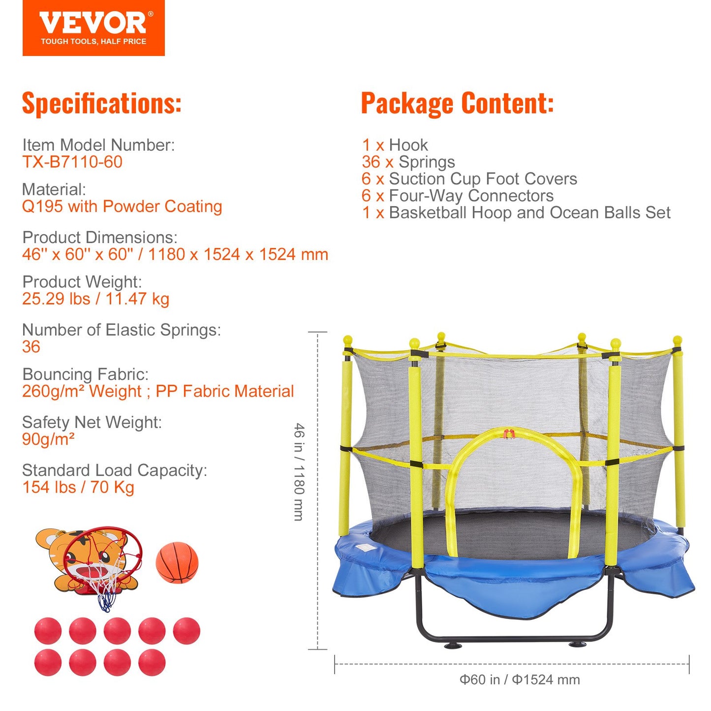 VEVOR 5FT Trampoline for Outdoor Play with Safety Enclosure Net