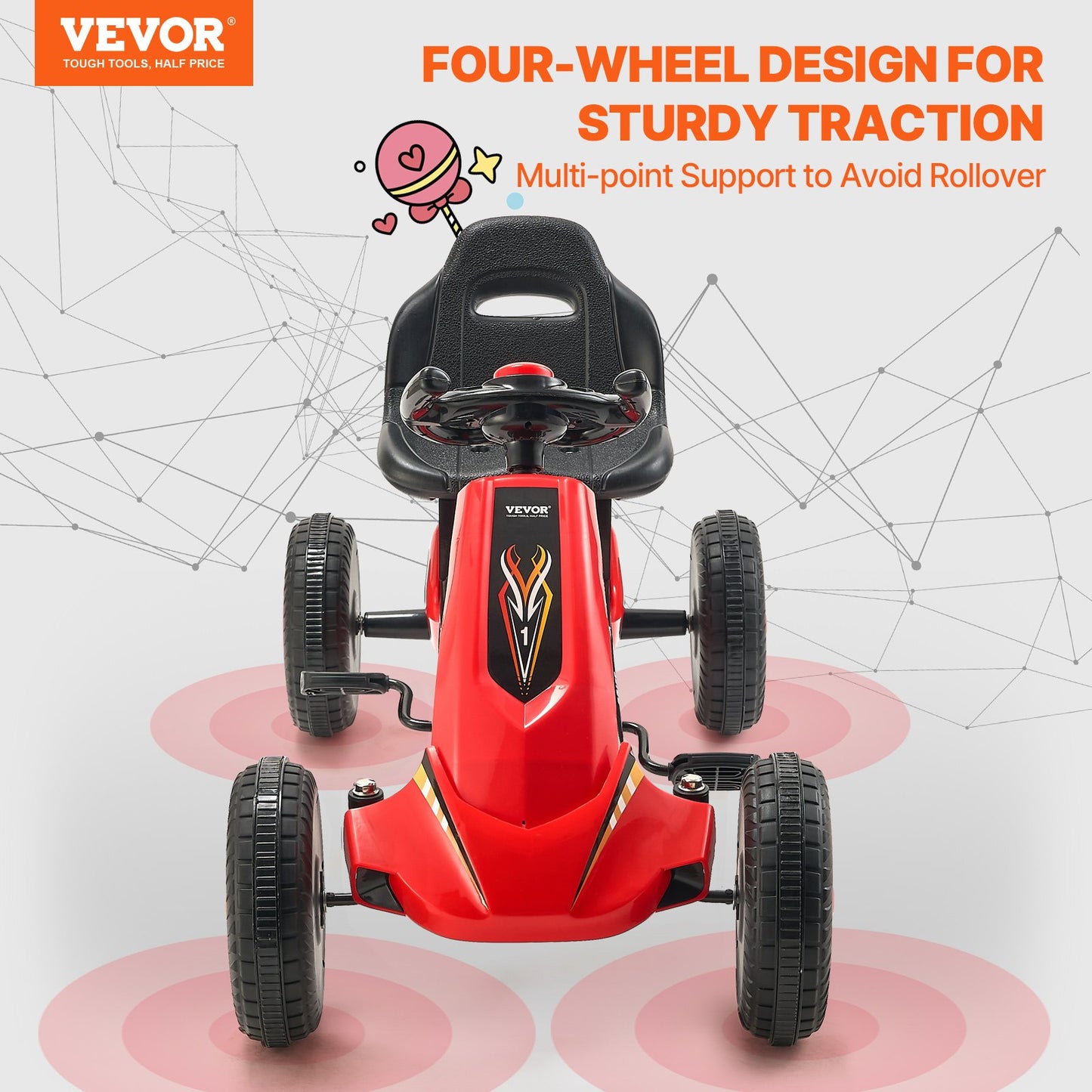 VEVOR Go Kart 4 Wheel Pedal Ride On Toy for Kids Ages 3-8 Adjustable Seat - Red