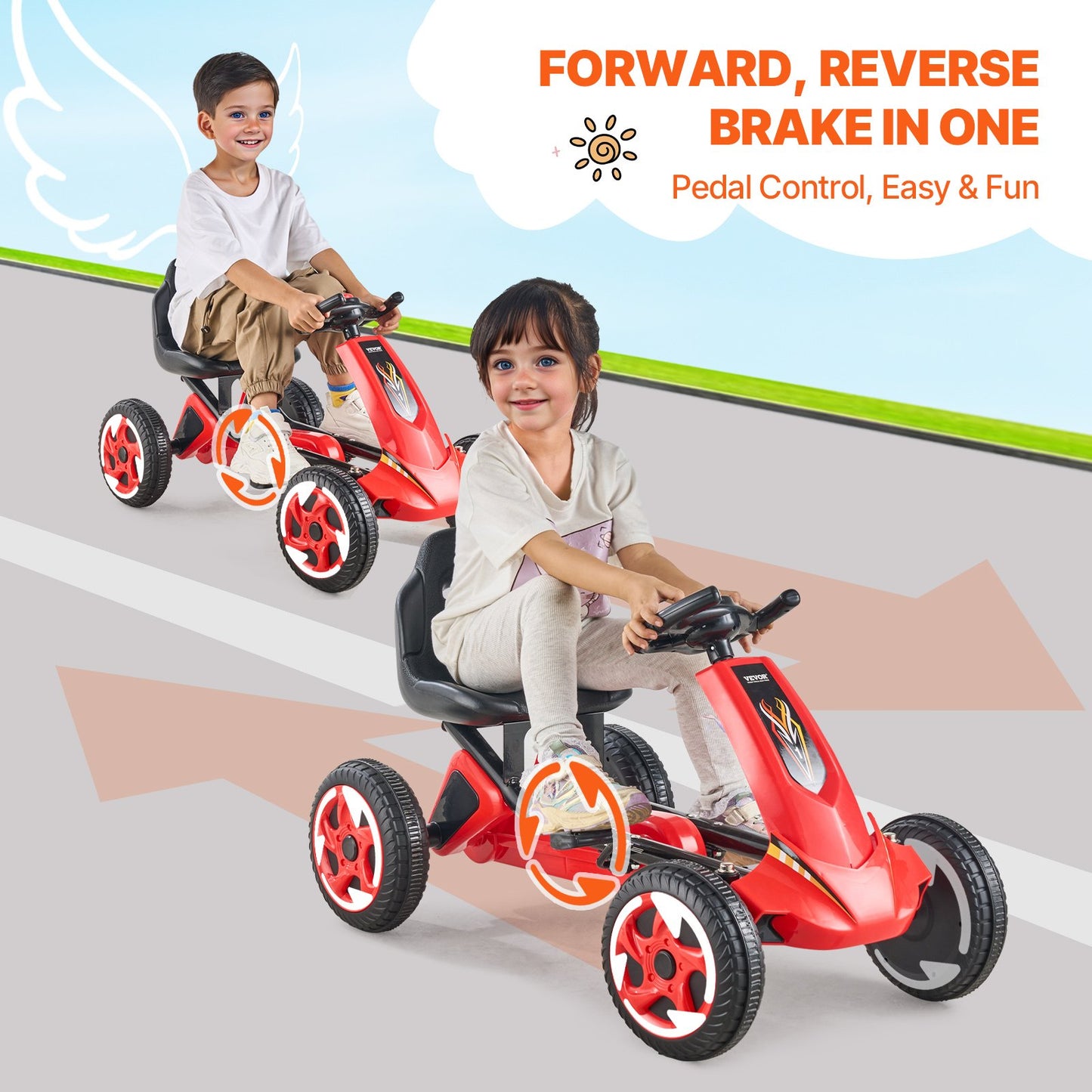 VEVOR Go Kart 4 Wheel Pedal Ride On Toy for Kids Ages 3-8 Adjustable Seat - Red