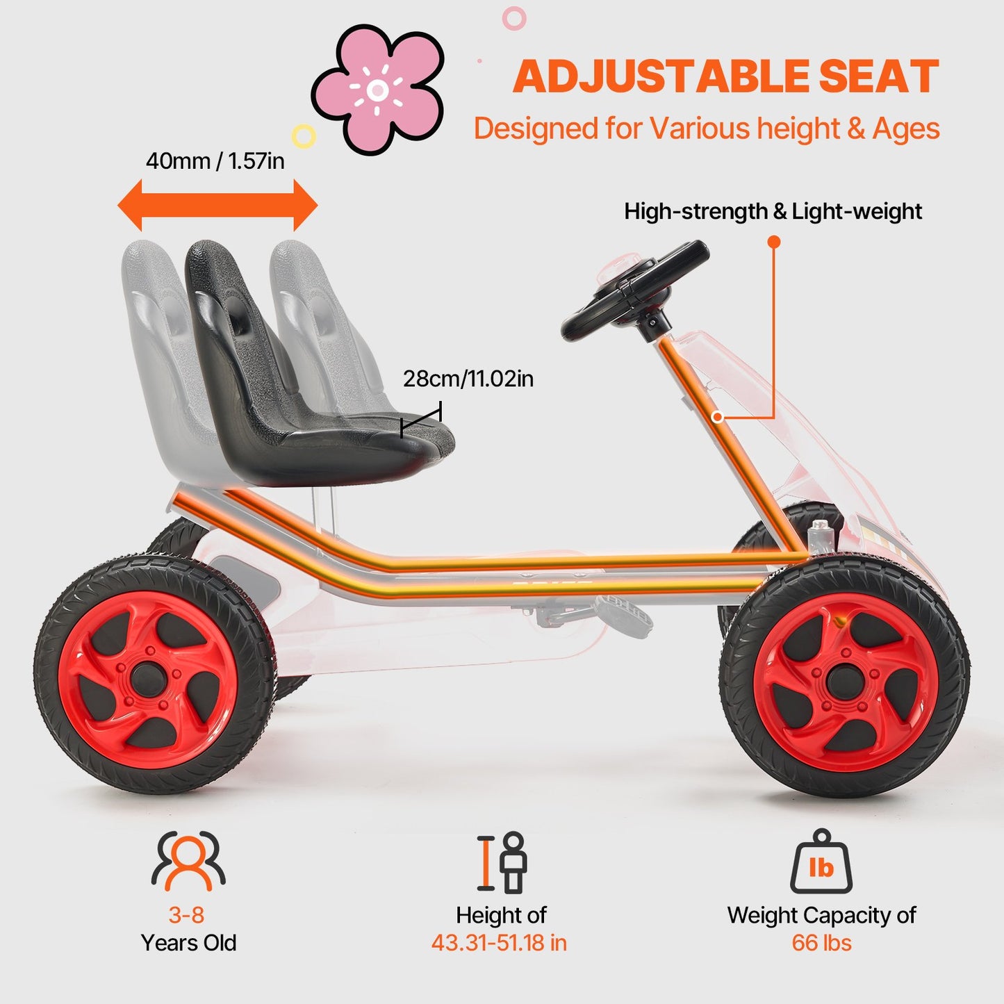VEVOR Go Kart 4 Wheel Pedal Ride On Toy for Kids Ages 3-8 Adjustable Seat - Red
