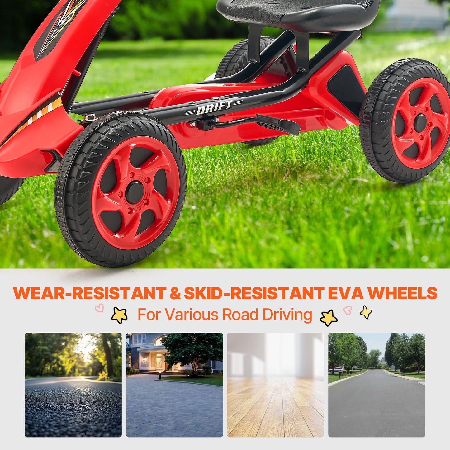 VEVOR Go Kart 4 Wheel Pedal Ride On Toy for Kids Ages 3-8 Adjustable Seat - Red