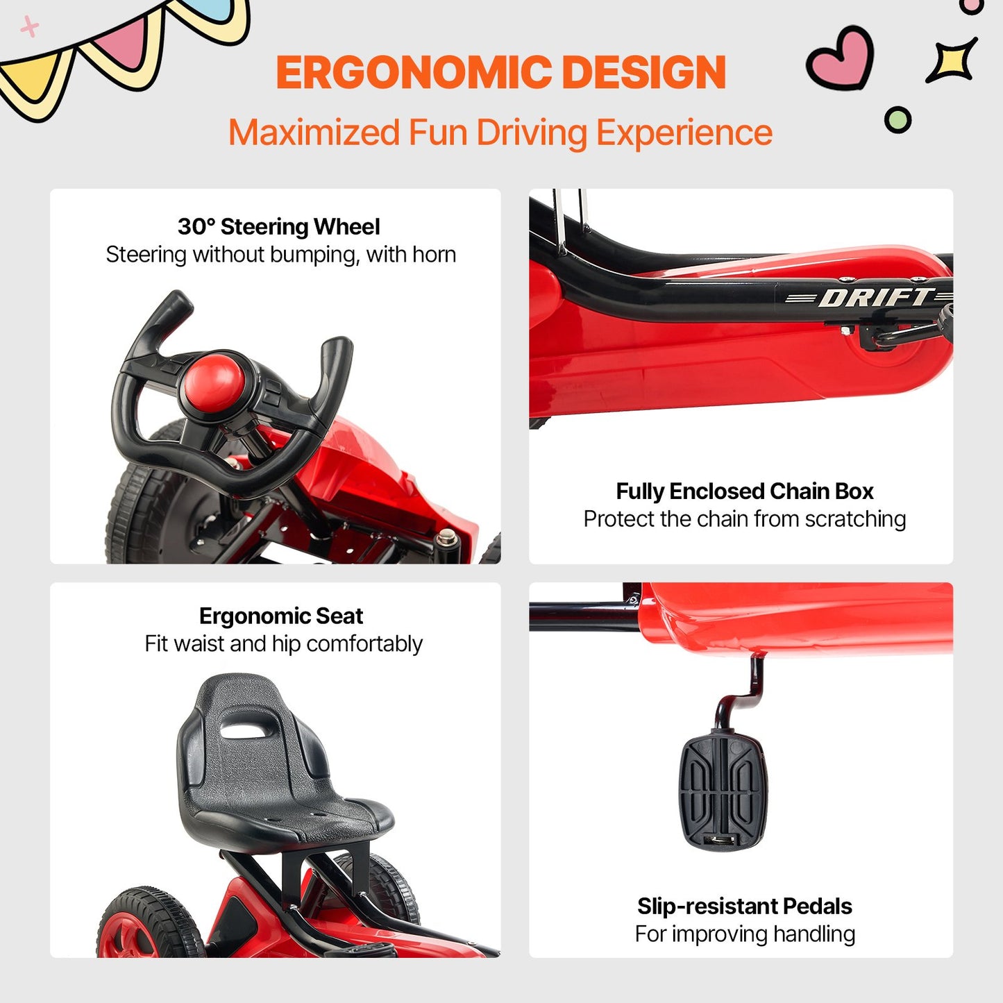 VEVOR Go Kart 4 Wheel Pedal Ride On Toy for Kids Ages 3-8 Adjustable Seat - Red