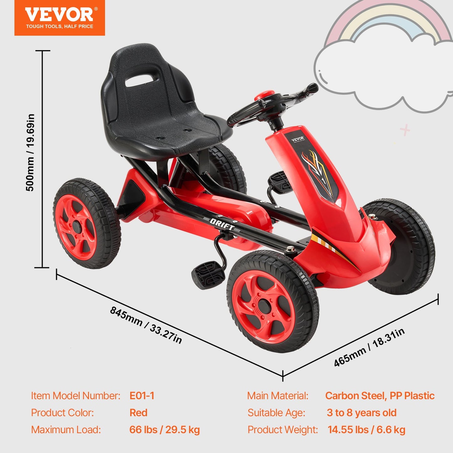 VEVOR Go Kart 4 Wheel Pedal Ride On Toy for Kids Ages 3-8 Adjustable Seat - Red