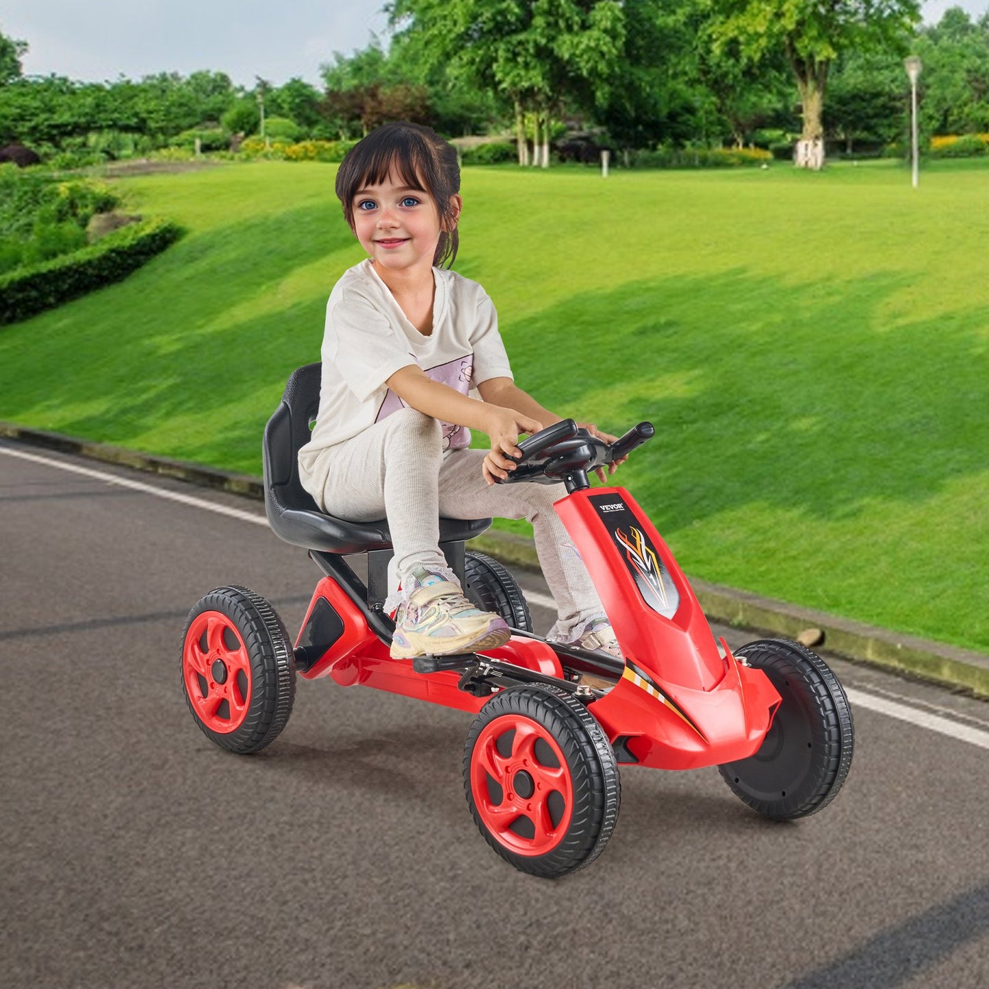 VEVOR Go Kart 4 Wheel Pedal Ride On Toy for Kids Ages 3-8 Adjustable Seat - Red