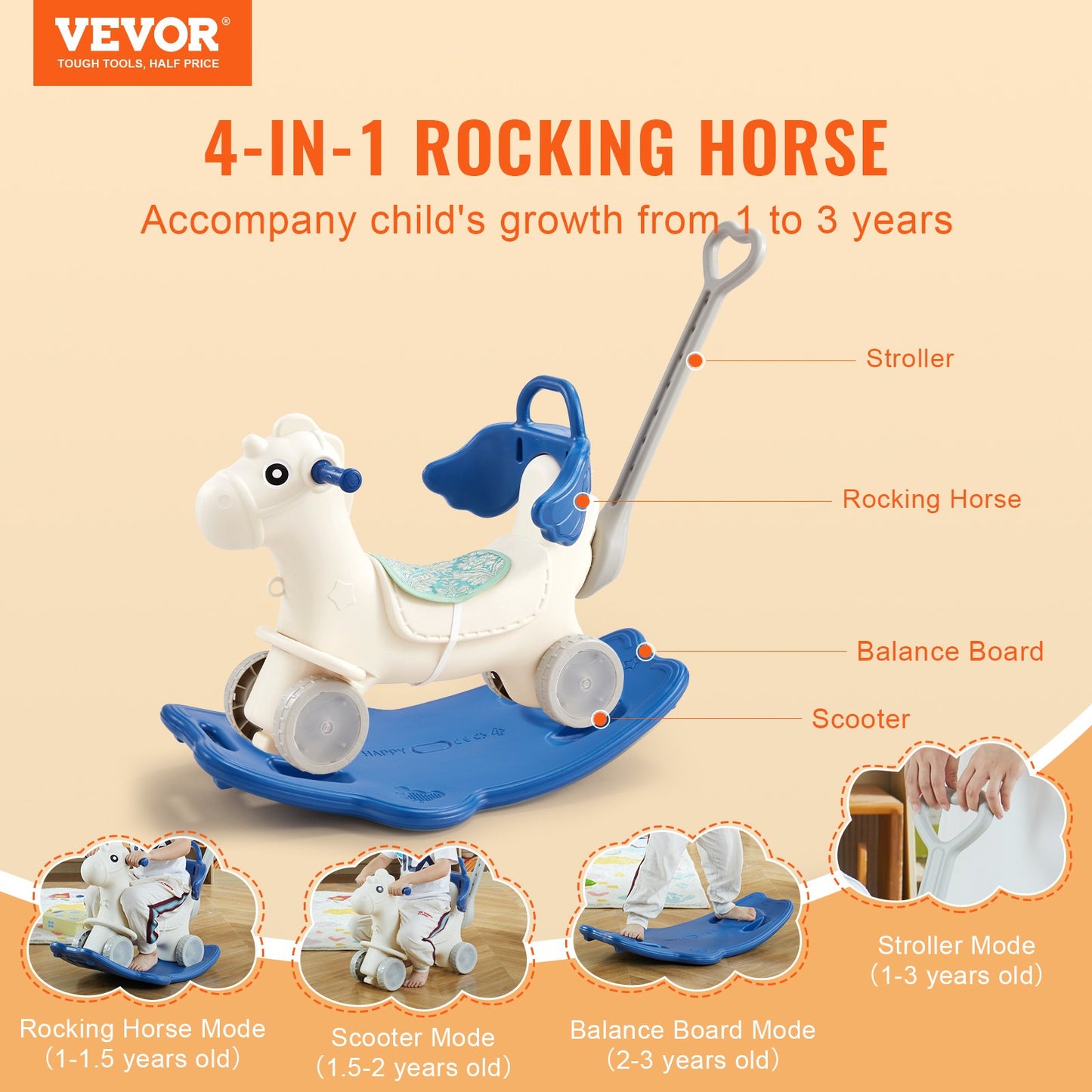 VEVOR 4 in 1 Rocking Horse for Toddlers 1-3 Years - Blue