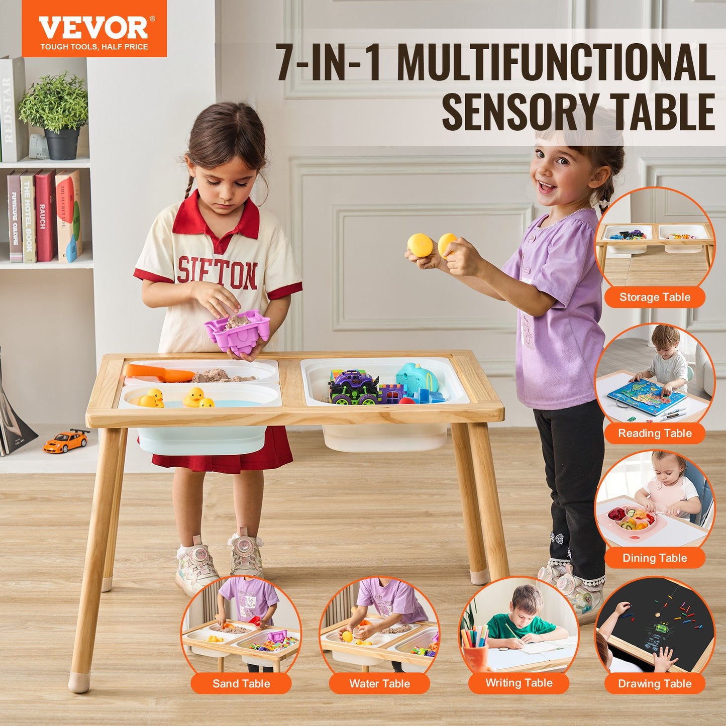VEVOR Kids Wooden Sensory Sand and Water Play Table with 3 Storage Bins