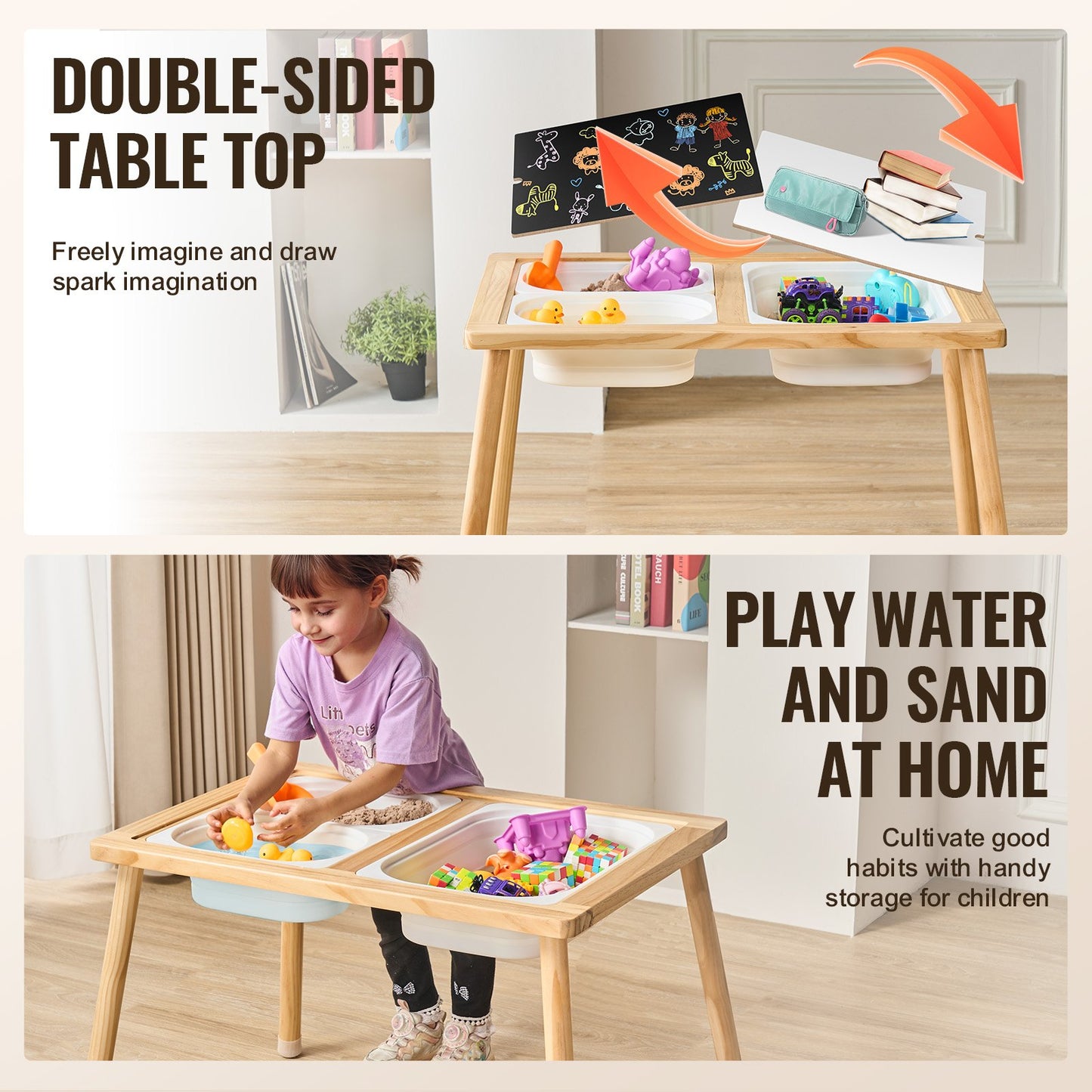 VEVOR Kids Wooden Sensory Sand and Water Play Table with 3 Storage Bins