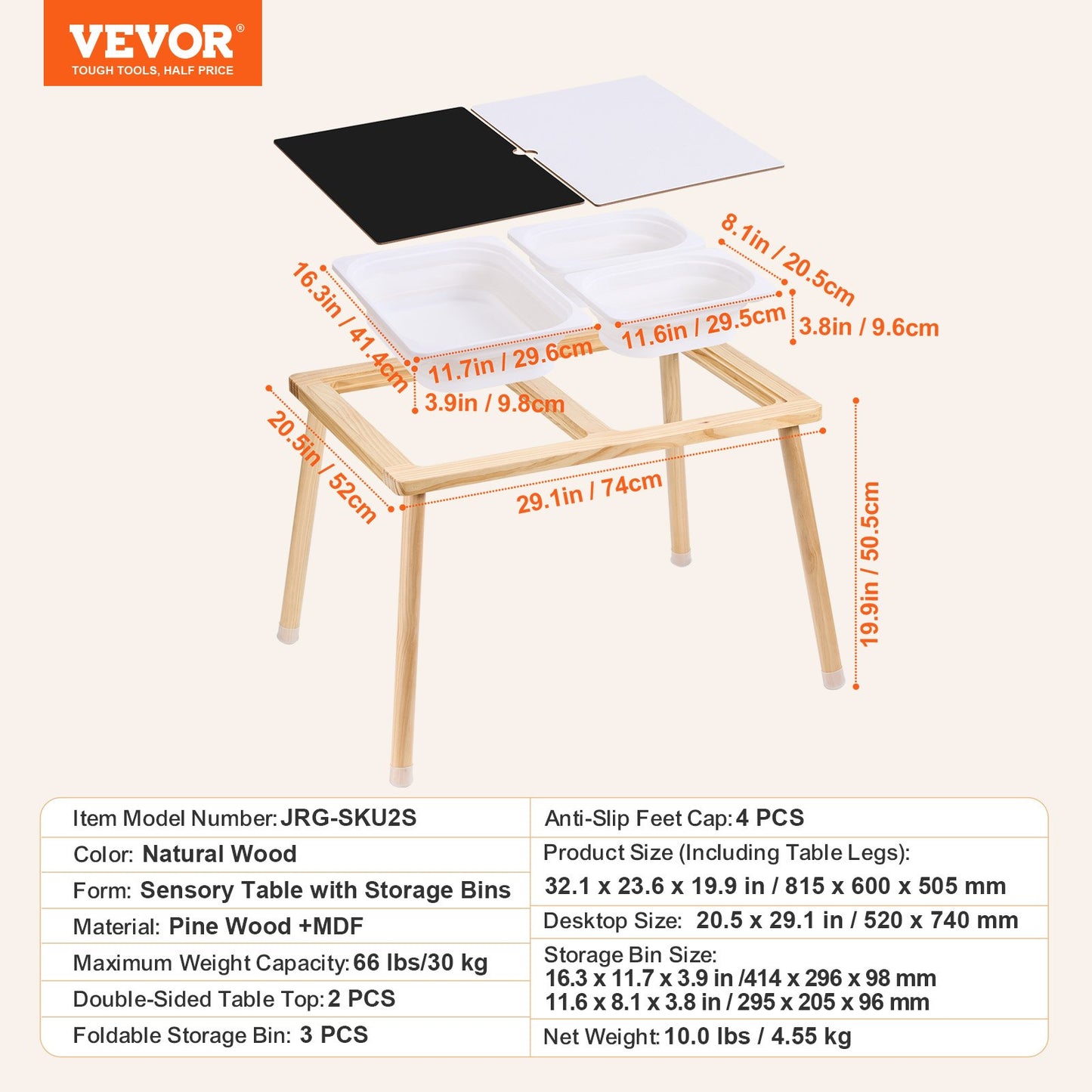 VEVOR Kids Wooden Sensory Sand and Water Play Table with 3 Storage Bins