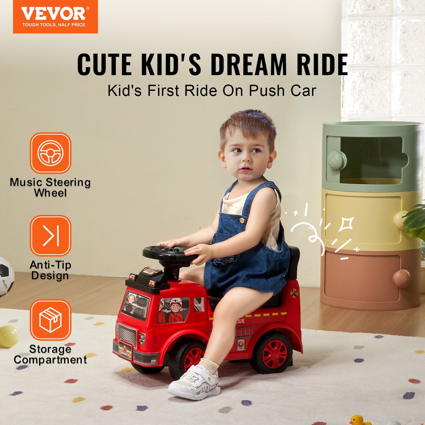 VEVOR Ride On Push Car for Toddlers for Ages 1-3 with Music Steering Wheel & Under Seat Storage - Red
