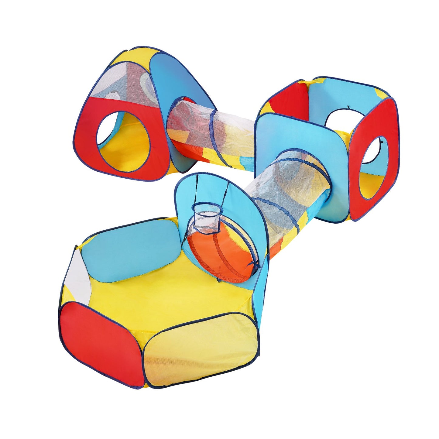 VEVOR 5 in 1 Kids Play Tent with Tunnel, Basketball Hoop, Carrying Bag & Banding Straps - Red/Yellow/Blue