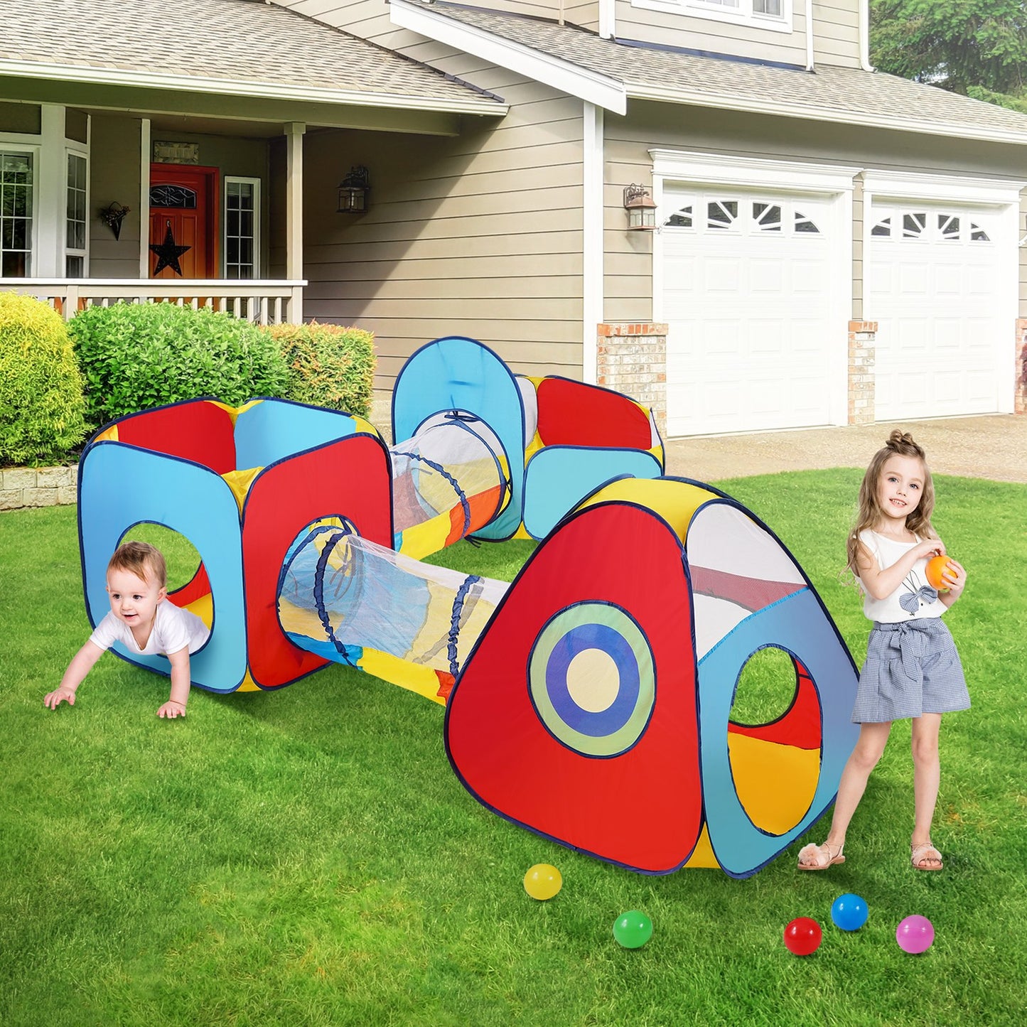 VEVOR 5 in 1 Kids Play Tent with Tunnel, Basketball Hoop, Carrying Bag & Banding Straps - Red/Yellow/Blue