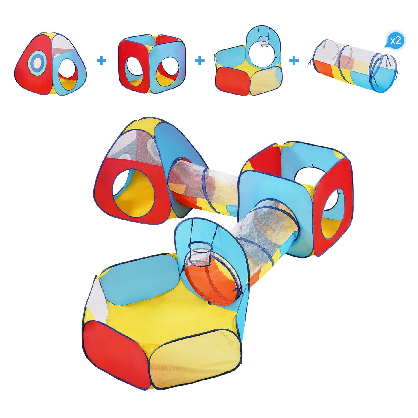 VEVOR 5 in 1 Kids Play Tent with Tunnel, Basketball Hoop, Carrying Bag & Banding Straps - Red/Yellow/Blue