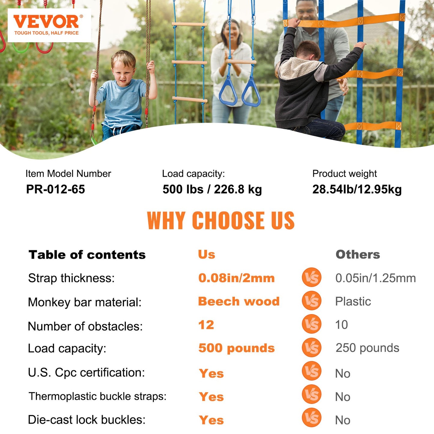 VEVOR Ninja Warrior Obstacle Course Set with 12 Obstacles for Kids