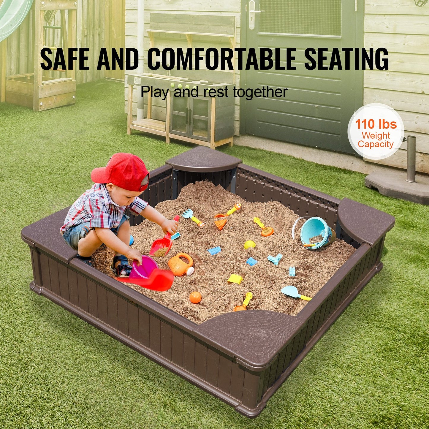 VEVOR Sandbox with Cover and Corner Seating - Brown