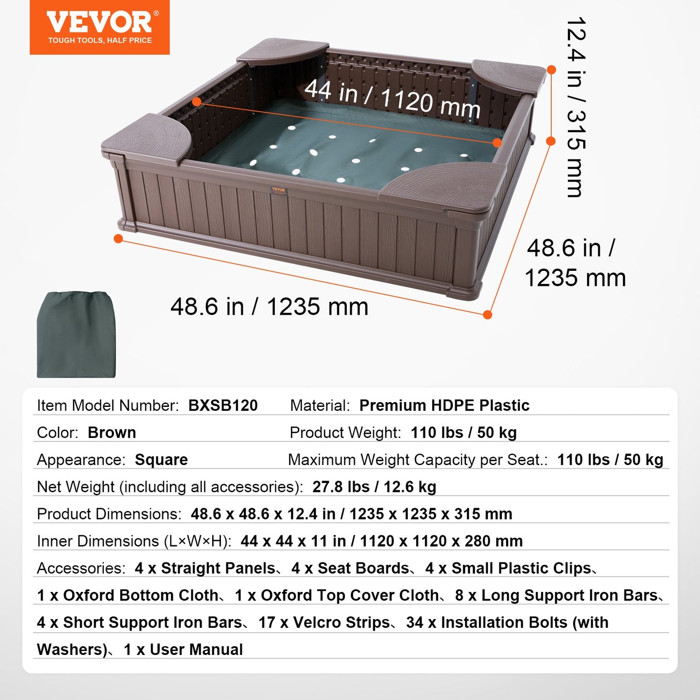 VEVOR Sandbox with Cover and Corner Seating - Brown
