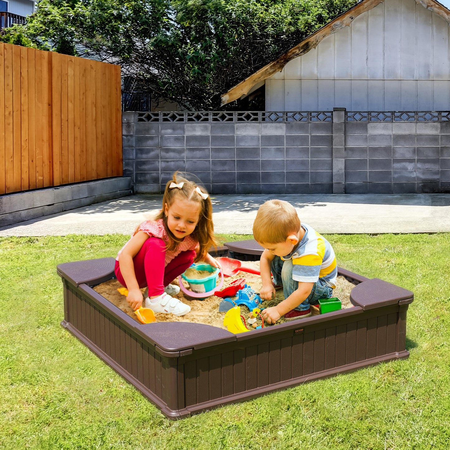 VEVOR Sandbox with Cover and Corner Seating - Brown