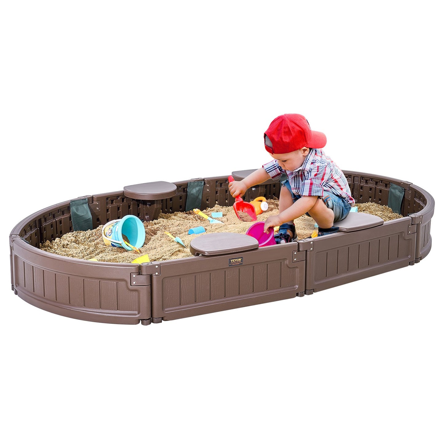 VEVOR Oval Sandbox with Cover, Corner Seating and Bottom Liner - Brown