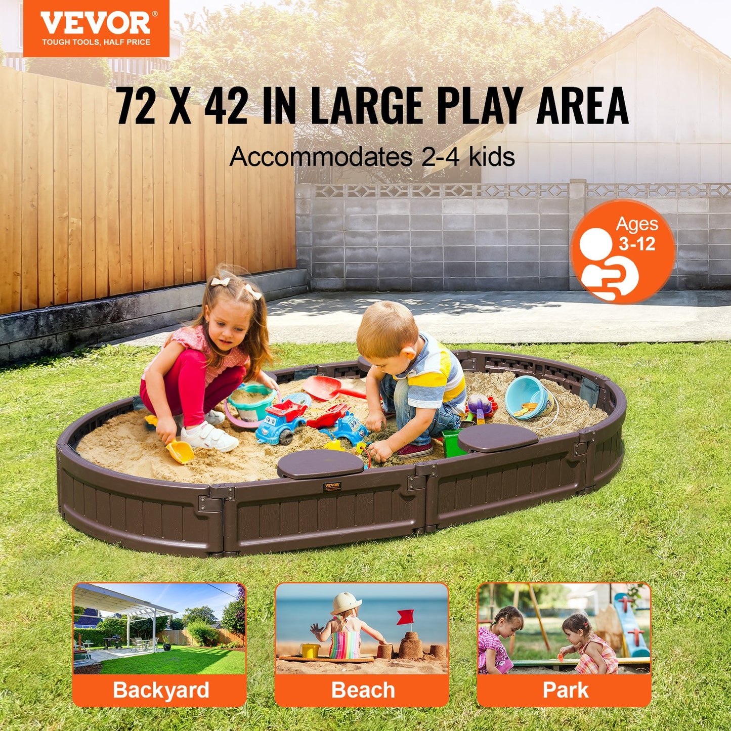 VEVOR Oval Sandbox with Cover, Corner Seating and Bottom Liner - Brown