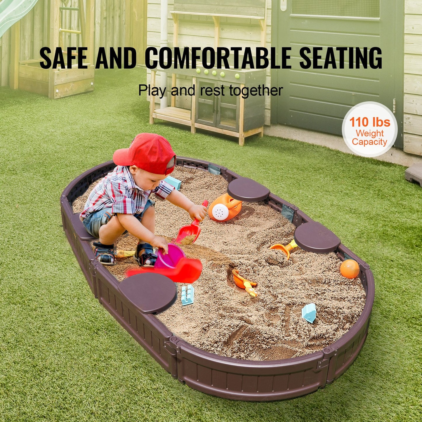 VEVOR Oval Sandbox with Cover, Corner Seating and Bottom Liner - Brown