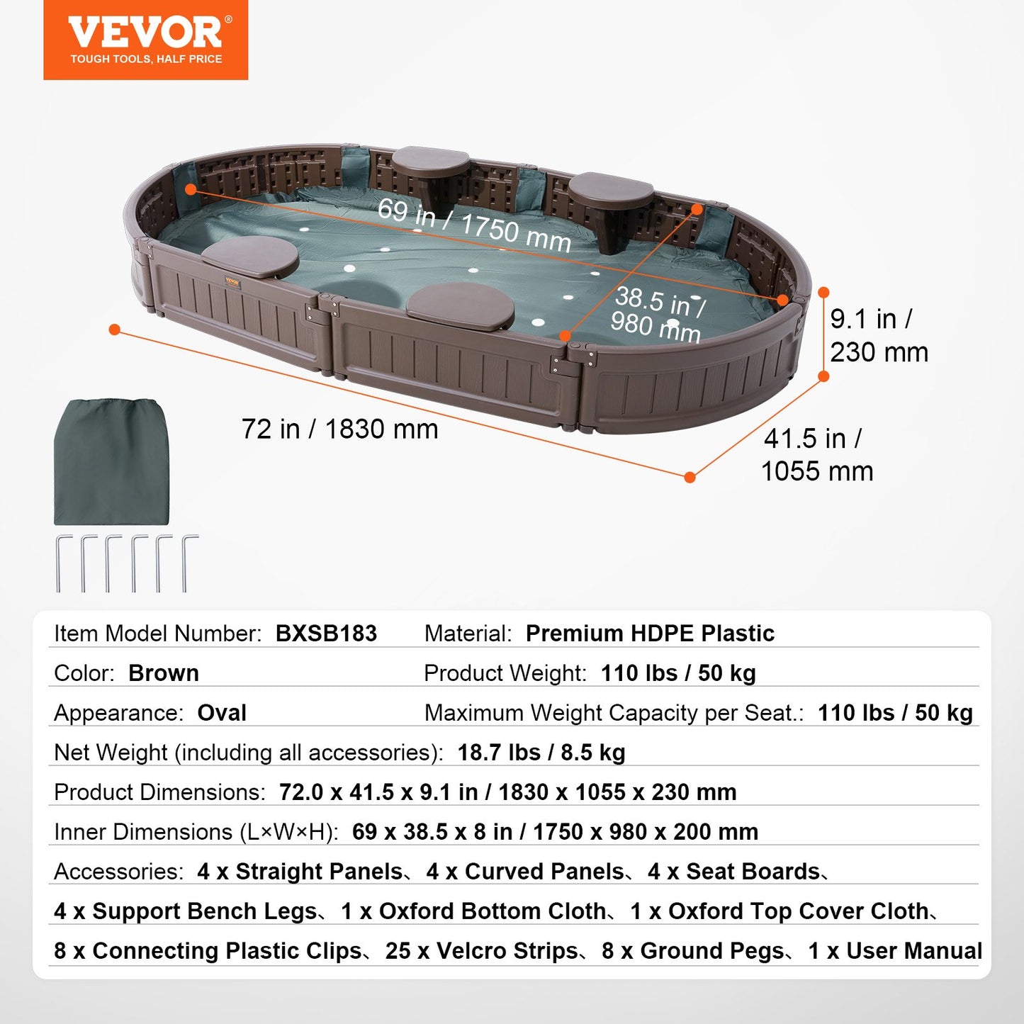 VEVOR Oval Sandbox with Cover, Corner Seating and Bottom Liner - Brown