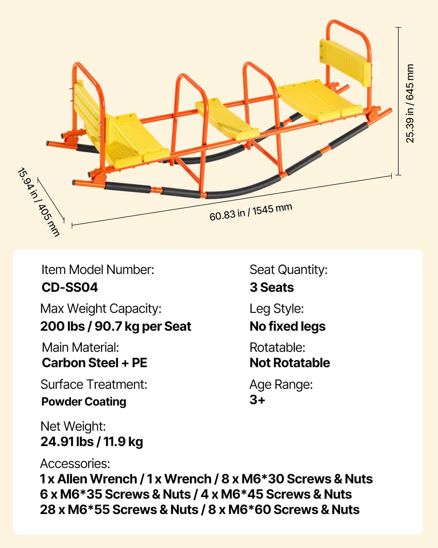 VEVOR Kids Seesaw 90 kg Capacity Metal Rocking Teeter Totter with Handles
