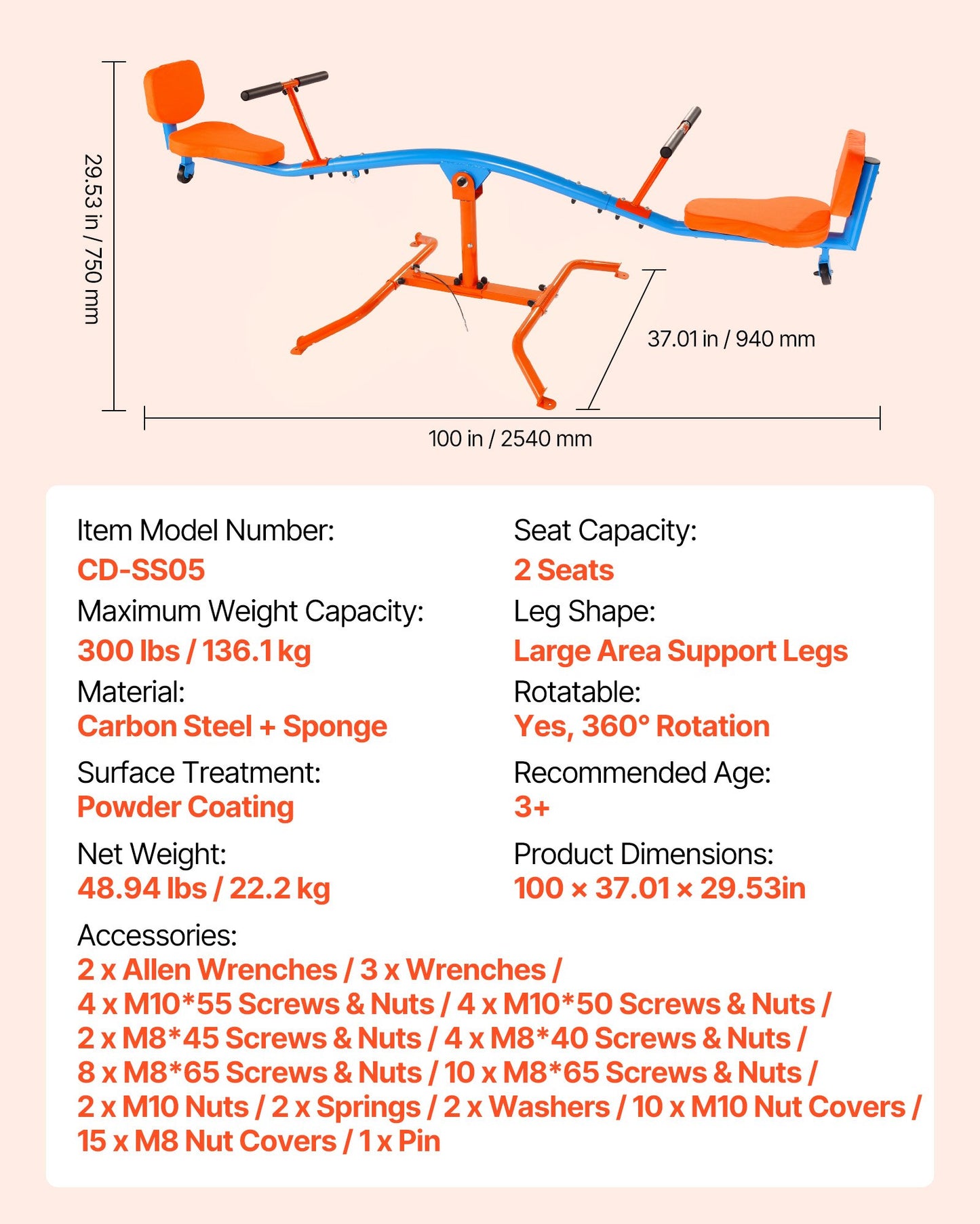 VEVOR Kids Seesaw 136 kg Capacity 360 Degrees Rotating Teeter Totter Aged 3+