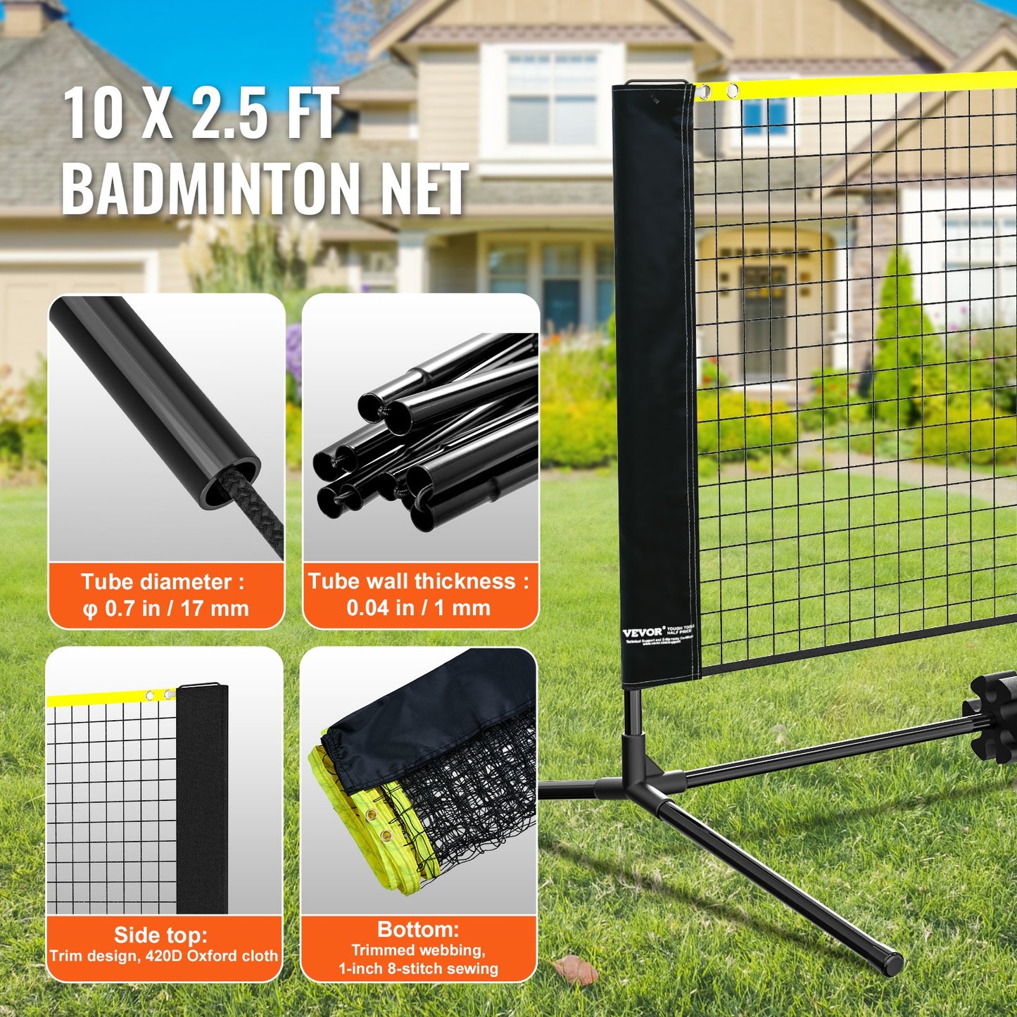 VEVOR Badminton Net, Volleyball Net, Pickleball Net, Tennis Net Set with Poles, Stand and Carry Bag. Height Adjustable and Foldable 10ft Wide