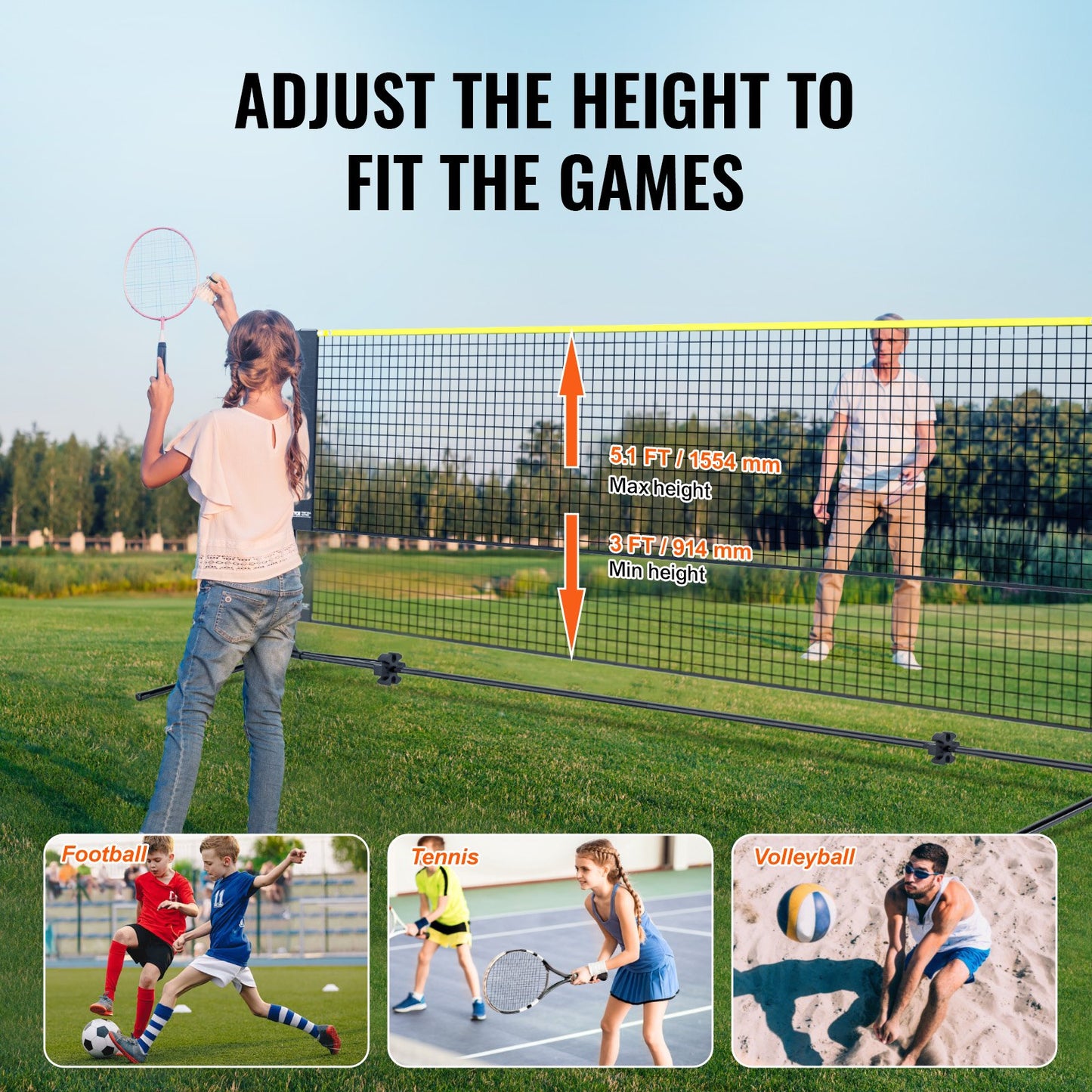 VEVOR Badminton Net, Volleyball Net, Pickleball Net, Tennis Net Set with Poles, Stand and Carry Bag. Height Adjustable and Foldable 10ft Wide