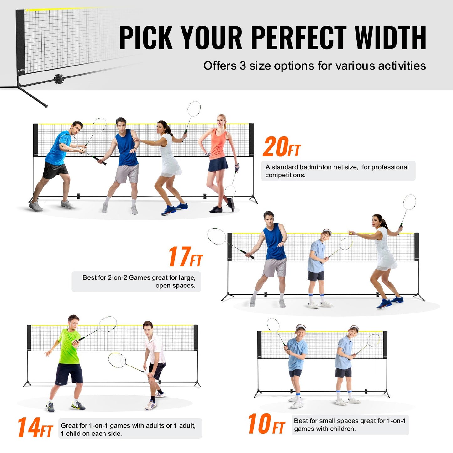 VEVOR Badminton Net, Height Adjustable Volleyball Net, 17ft Wide Foldable Pickleball Net, Portable Easy Setup Tennis Net Set with Poles, Stand and Carry Bag for Outdoor Use