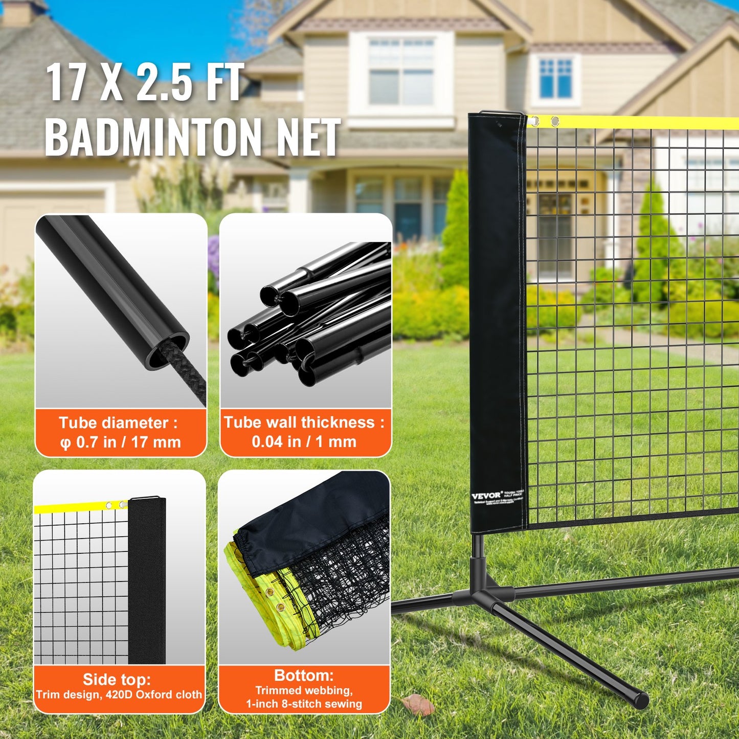 VEVOR Badminton Net, Height Adjustable Volleyball Net, 17ft Wide Foldable Pickleball Net, Portable Easy Setup Tennis Net Set with Poles, Stand and Carry Bag for Outdoor Use