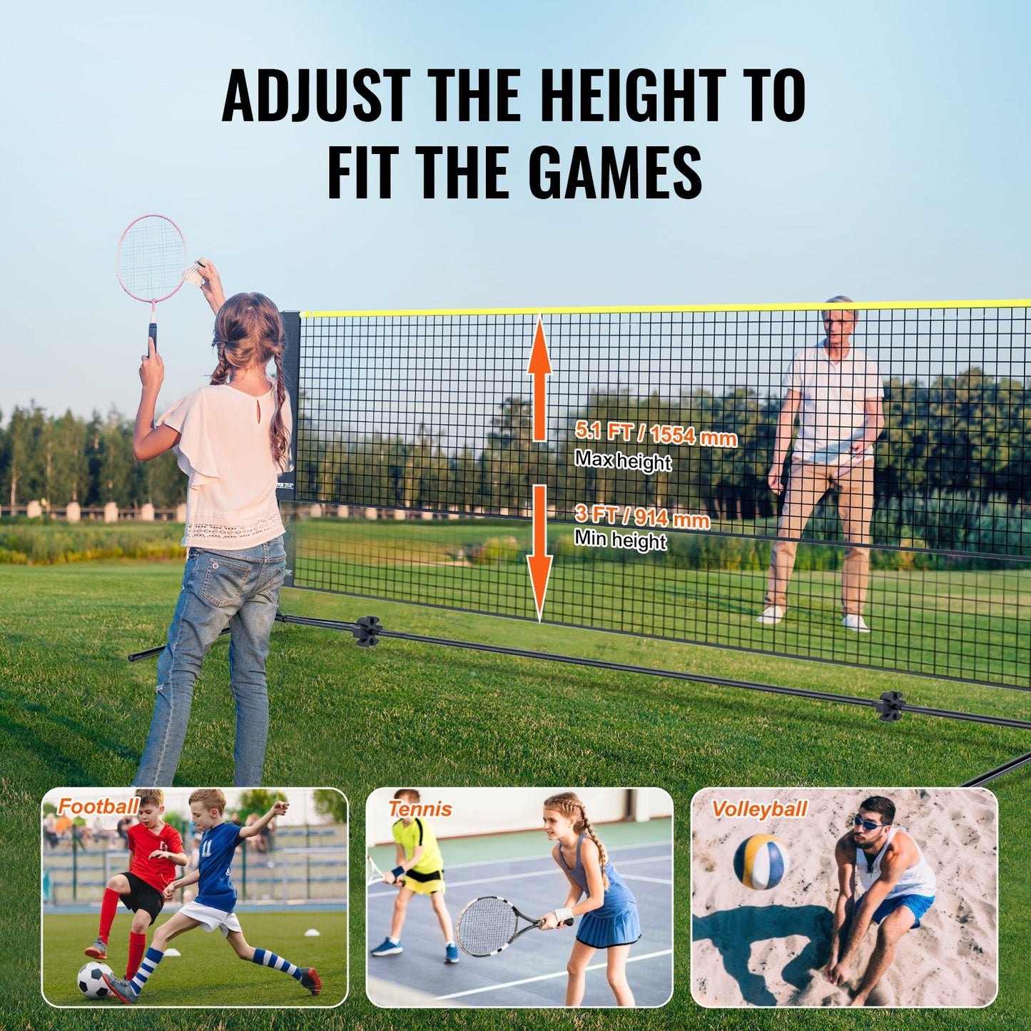 VEVOR Badminton Net, Height Adjustable Volleyball Net, 17ft Wide Foldable Pickleball Net, Portable Easy Setup Tennis Net Set with Poles, Stand and Carry Bag for Outdoor Use