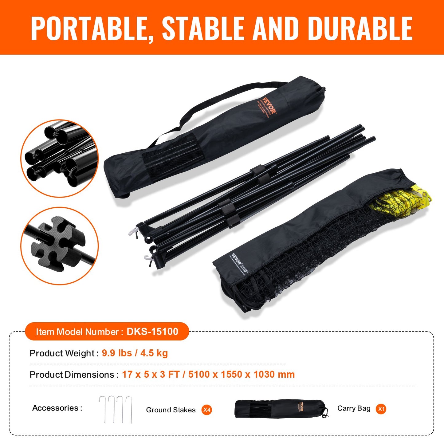 VEVOR Badminton Net, Height Adjustable Volleyball Net, 17ft Wide Foldable Pickleball Net, Portable Easy Setup Tennis Net Set with Poles, Stand and Carry Bag for Outdoor Use